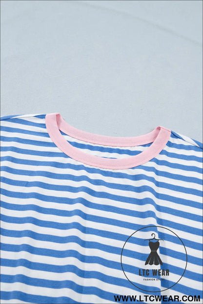 Sky Blue Stripe Nautical Tie Contrast Trim Round Neck T Shirt Mini Dress - L.T.C Wear Online Fashion Store