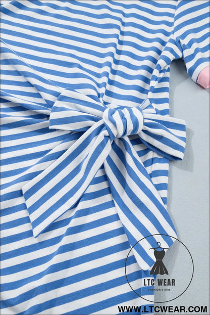 Sky Blue Stripe Nautical Tie Contrast Trim Round Neck T Shirt Mini Dress - L.T.C Wear Online Fashion Store