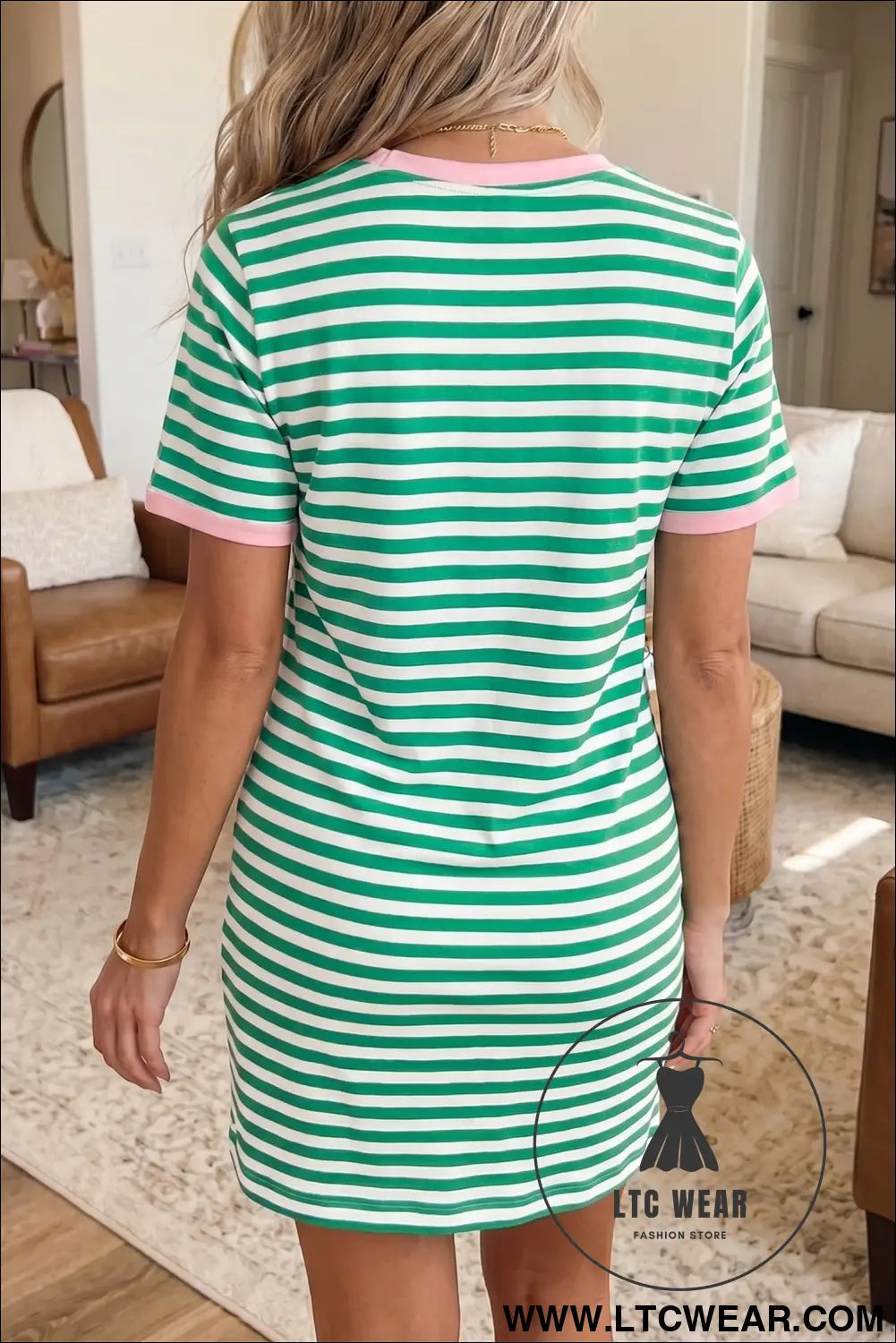 Sky Blue Stripe Nautical Tie Contrast Trim Round Neck T Shirt Mini Dress - L.T.C Wear Online Fashion Store
