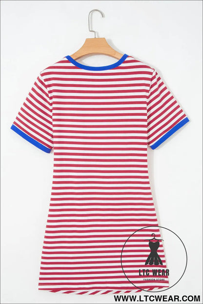 Sky Blue Stripe Nautical Tie Contrast Trim Round Neck T Shirt Mini Dress - L.T.C Wear Online Fashion Store