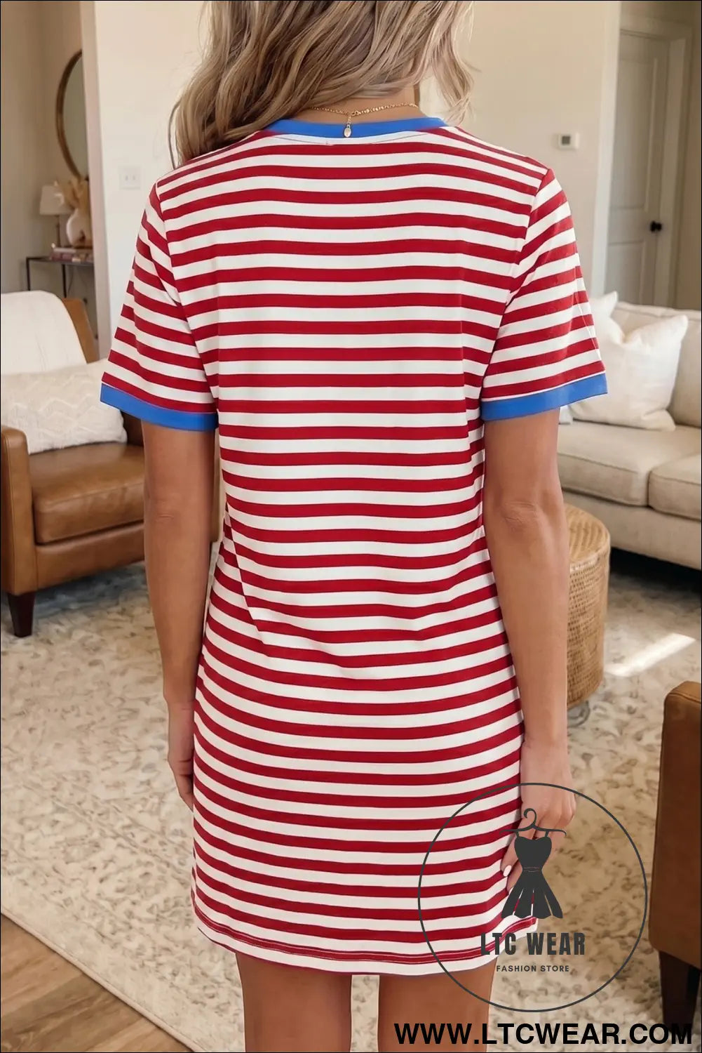 Sky Blue Stripe Nautical Tie Contrast Trim Round Neck T Shirt Mini Dress - L.T.C Wear Online Fashion Store