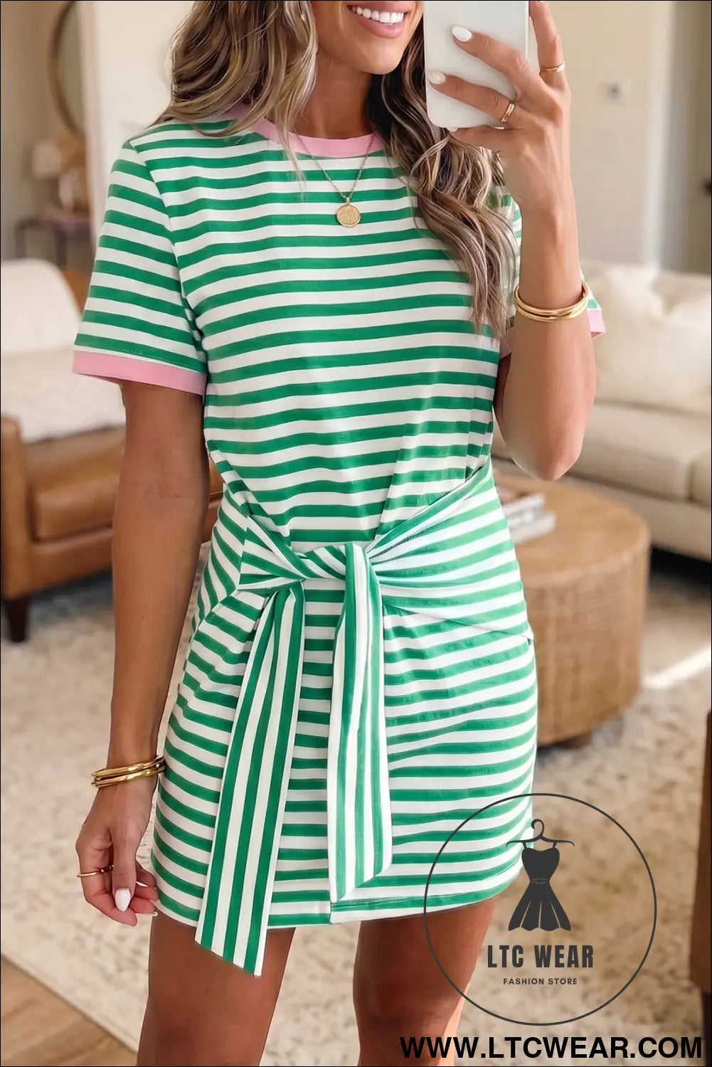 Sky Blue Stripe Nautical Tie Contrast Trim Round Neck T Shirt Mini Dress - L.T.C Wear Online Fashion Store