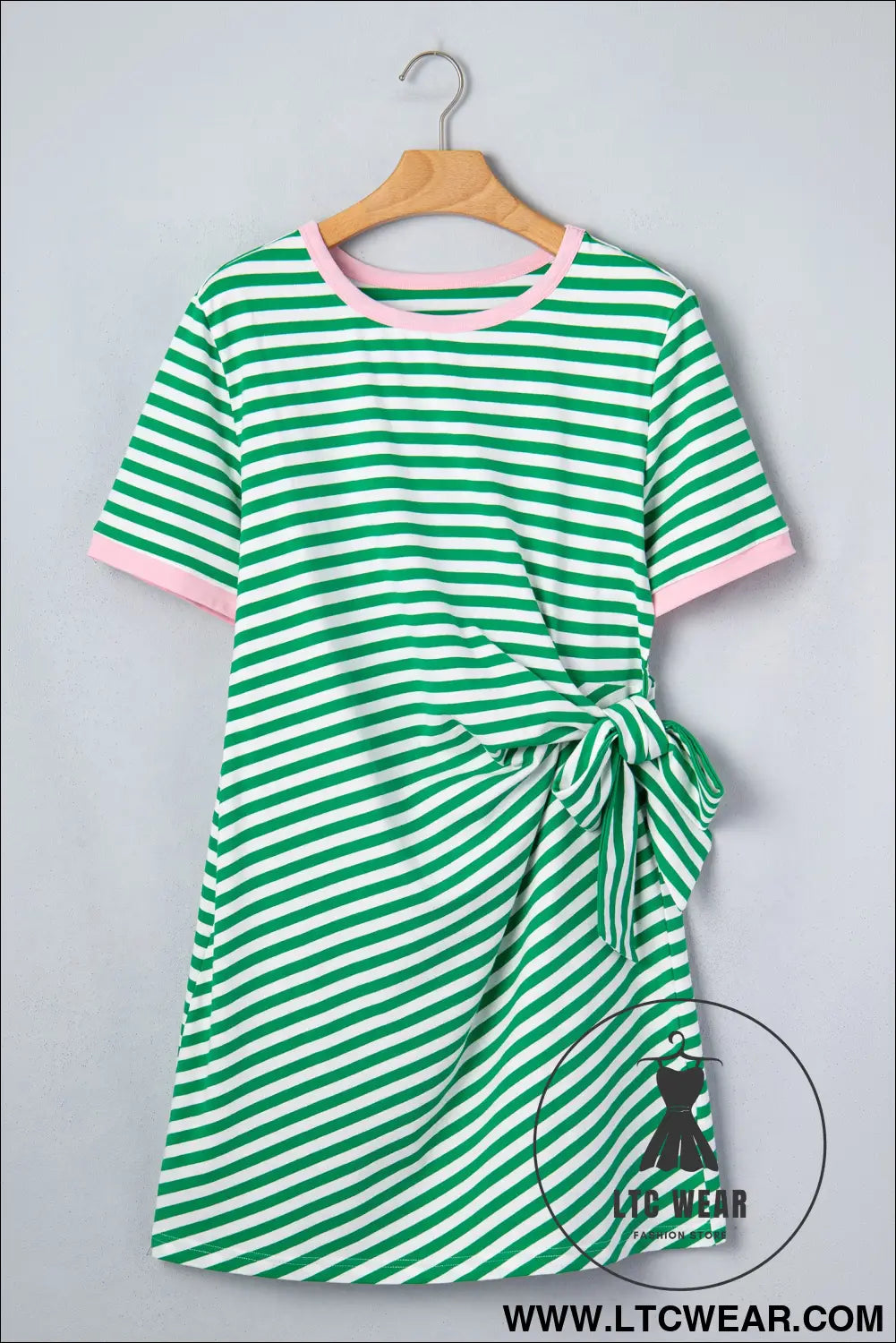 Sky Blue Stripe Nautical Tie Contrast Trim Round Neck T Shirt Mini Dress - L.T.C Wear Online Fashion Store