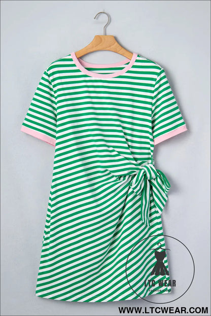 Sky Blue Stripe Nautical Tie Contrast Trim Round Neck T Shirt Mini Dress - L.T.C Wear Online Fashion Store