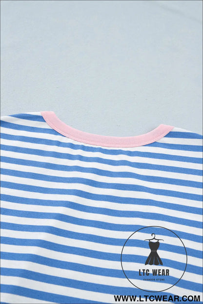 Sky Blue Stripe Nautical Tie Contrast Trim Round Neck T Shirt Mini Dress - L.T.C Wear Online Fashion Store