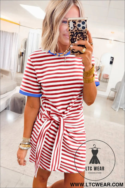 Sky Blue Stripe Nautical Tie Contrast Trim Round Neck T Shirt Mini Dress - L.T.C Wear Online Fashion Store