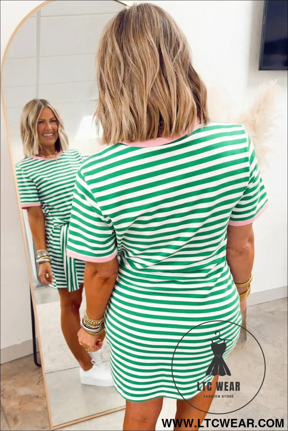 Sky Blue Stripe Nautical Tie Contrast Trim Round Neck T Shirt Mini Dress - L.T.C Wear Online Fashion Store