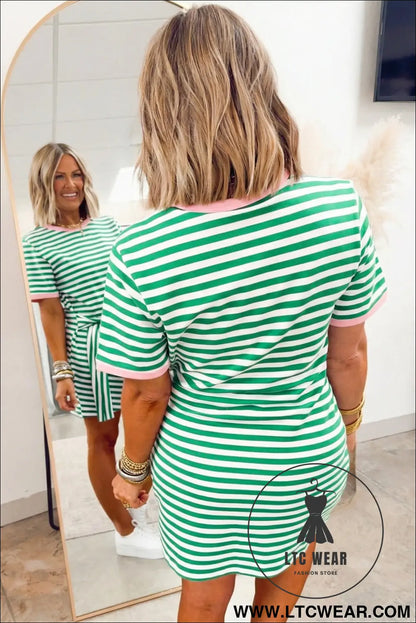 Sky Blue Stripe Nautical Tie Contrast Trim Round Neck T Shirt Mini Dress - L.T.C Wear Online Fashion Store
