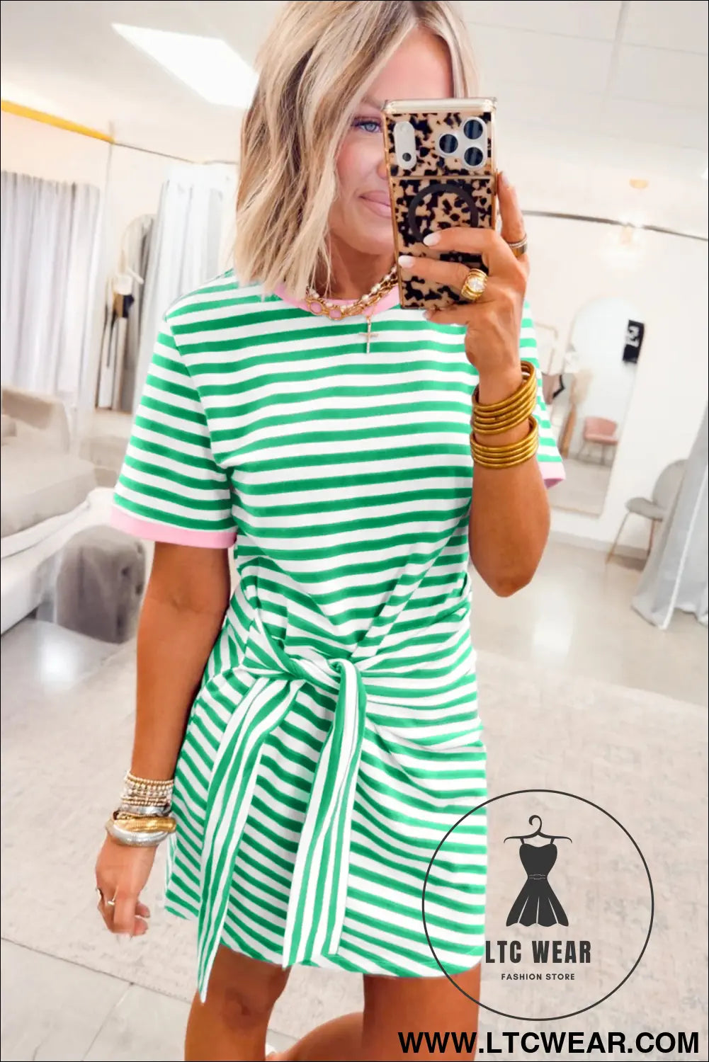 Sky Blue Stripe Nautical Tie Contrast Trim Round Neck T Shirt Mini Dress - L.T.C Wear Online Fashion Store