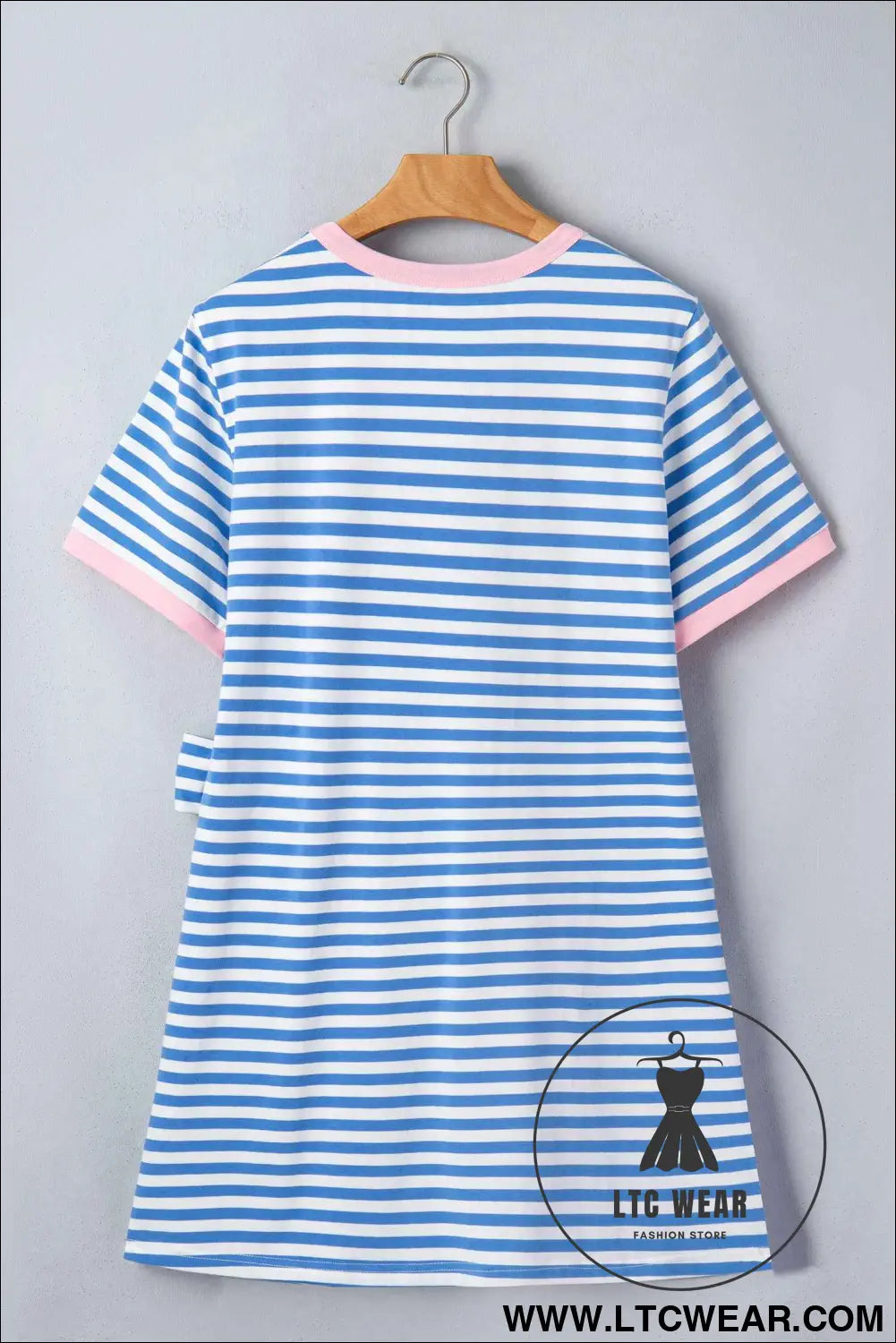 Sky Blue Stripe Nautical Tie Contrast Trim Round Neck T Shirt Mini Dress