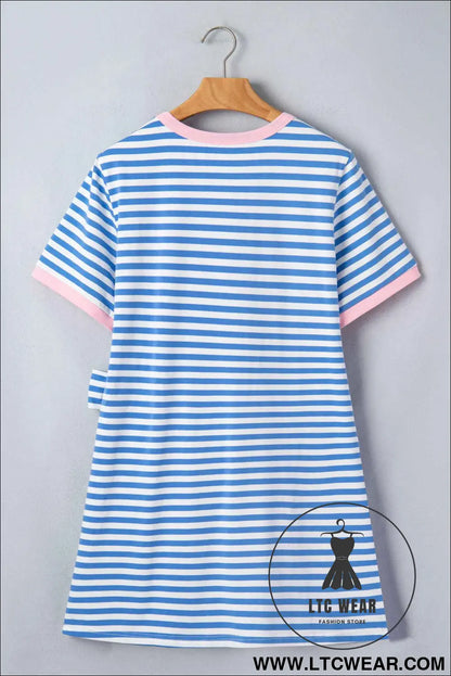 Sky Blue Stripe Nautical Tie Contrast Trim Round Neck T Shirt Mini Dress
