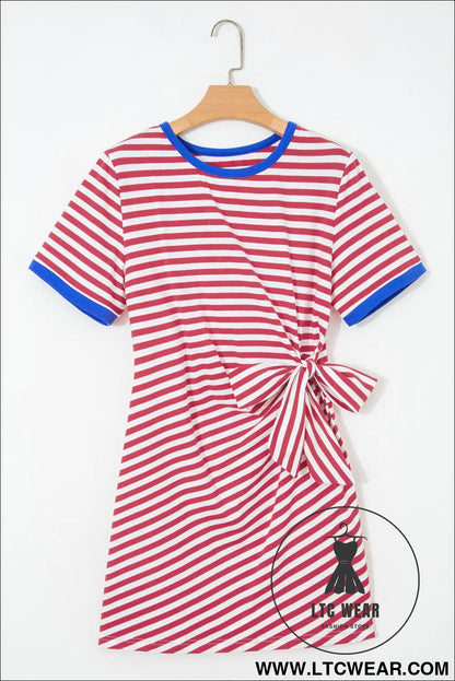 Sky Blue Stripe Nautical Tie Contrast Trim Round Neck T Shirt Mini Dress - L.T.C Wear Online Fashion Store