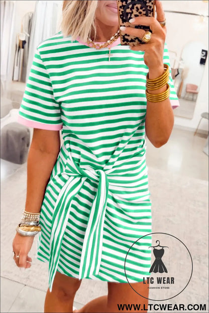 Sky Blue Stripe Nautical Tie Contrast Trim Round Neck T Shirt Mini Dress - L.T.C Wear Online Fashion Store
