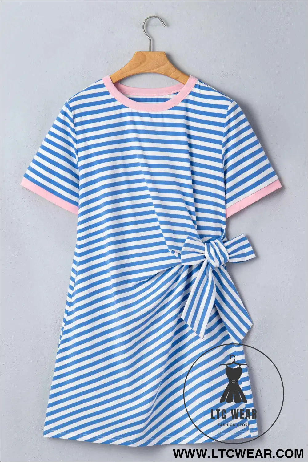 Sky Blue Stripe Nautical Tie Contrast Trim Round Neck T Shirt Mini Dress