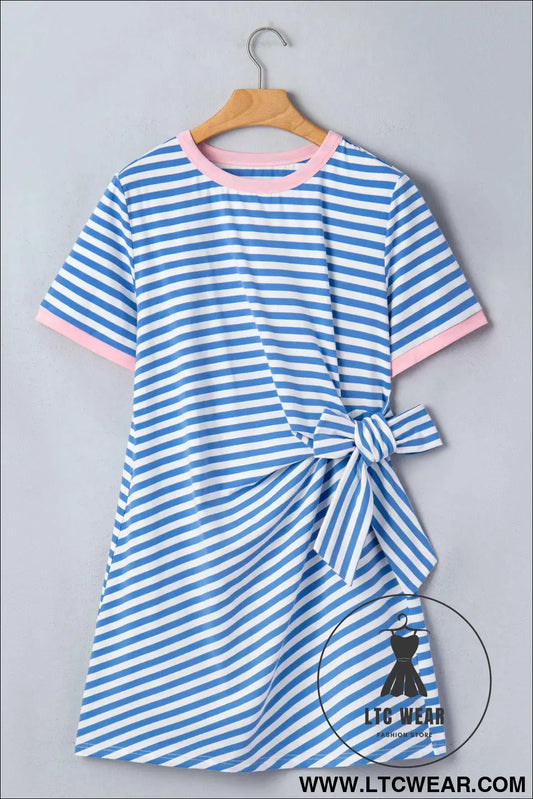 Sky Blue Stripe Nautical Tie Contrast Trim Round Neck T Shirt Mini Dress