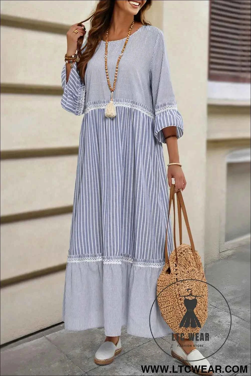 Sky Blue Stripe Patchwork Crossed Lace Detail Bracelet Sleeve Maxi Dress