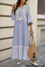 Sky Blue Stripe Patchwork Crossed Lace Detail Bracelet Sleeve Maxi Dress