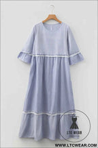 Sky Blue Stripe Patchwork Crossed Lace Detail Bracelet Sleeve Maxi Dress