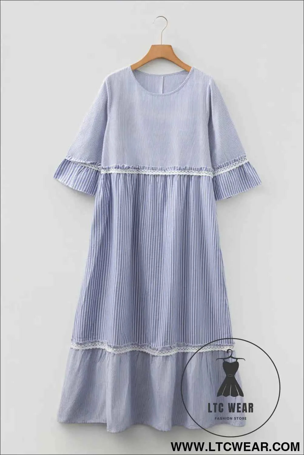 Sky Blue Stripe Patchwork Crossed Lace Detail Bracelet Sleeve Maxi Dress