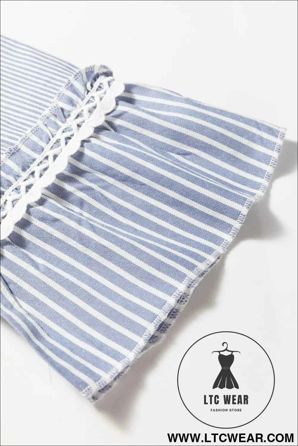 Sky Blue Stripe Patchwork Crossed Lace Detail Bracelet Sleeve Maxi Dress