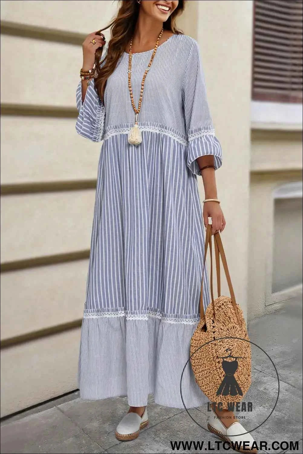 Sky Blue Stripe Patchwork Crossed Lace Detail Bracelet Sleeve Maxi Dress