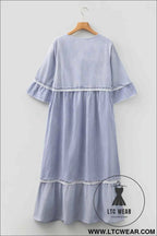 Sky Blue Stripe Patchwork Crossed Lace Detail Bracelet Sleeve Maxi Dress