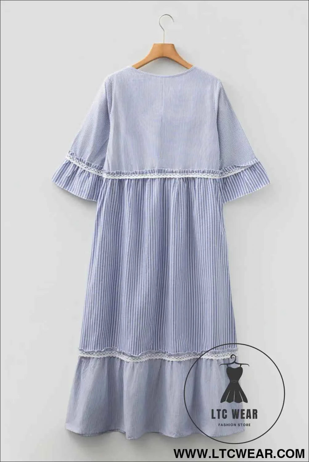 Sky Blue Stripe Patchwork Crossed Lace Detail Bracelet Sleeve Maxi Dress