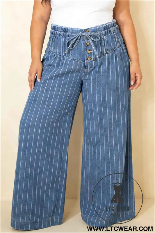 Sky Blue Stripe Plus Size Buttoned Loose Wide Leg Denim Pants