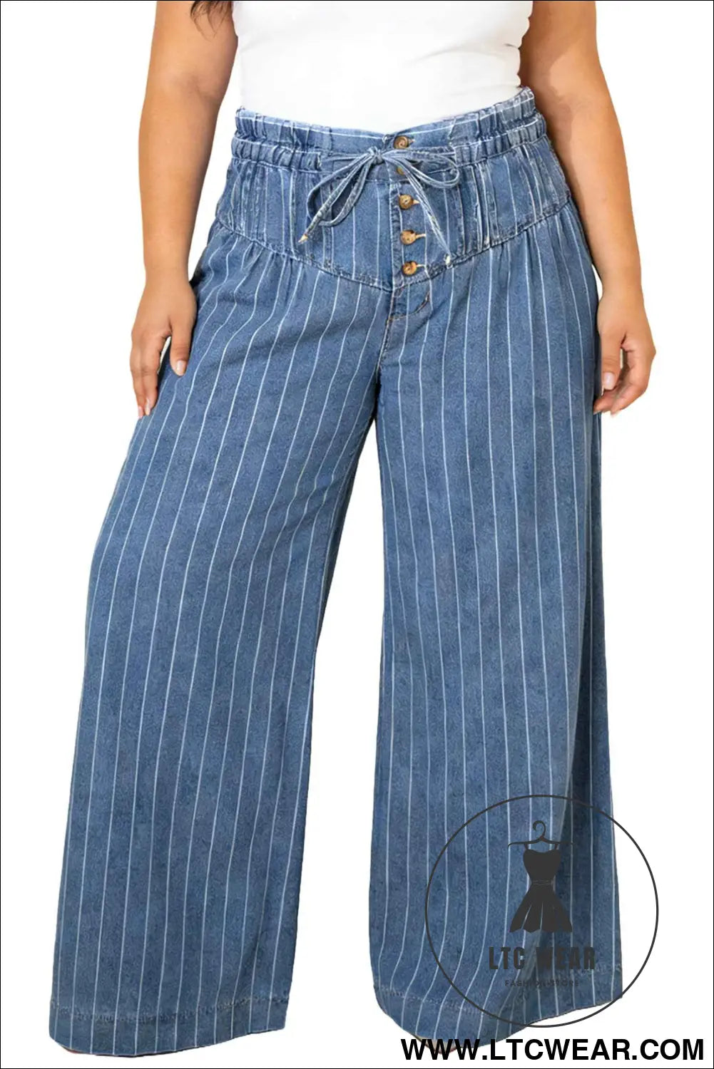 Sky Blue Stripe Plus Size Buttoned Loose Wide Leg Denim Pants
