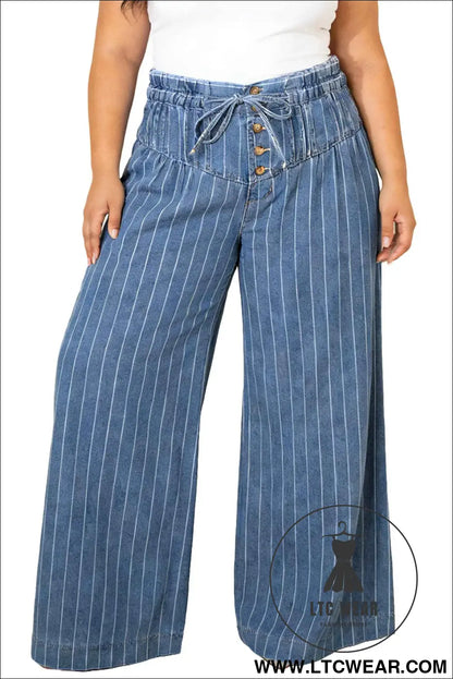 Sky Blue Stripe Plus Size Buttoned Loose Wide Leg Denim Pants