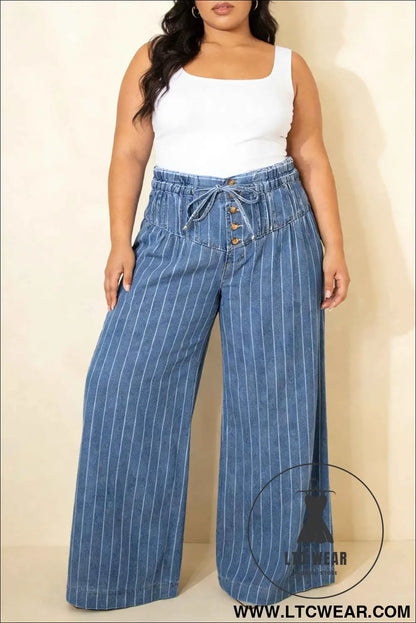 Sky Blue Stripe Plus Size Buttoned Loose Wide Leg Denim Pants