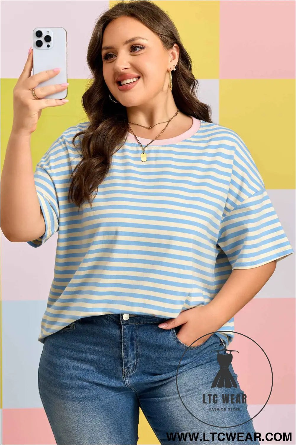 Sky Blue Stripe Plus Size Drop Shoulder Contrast Trim Round Neck Tee