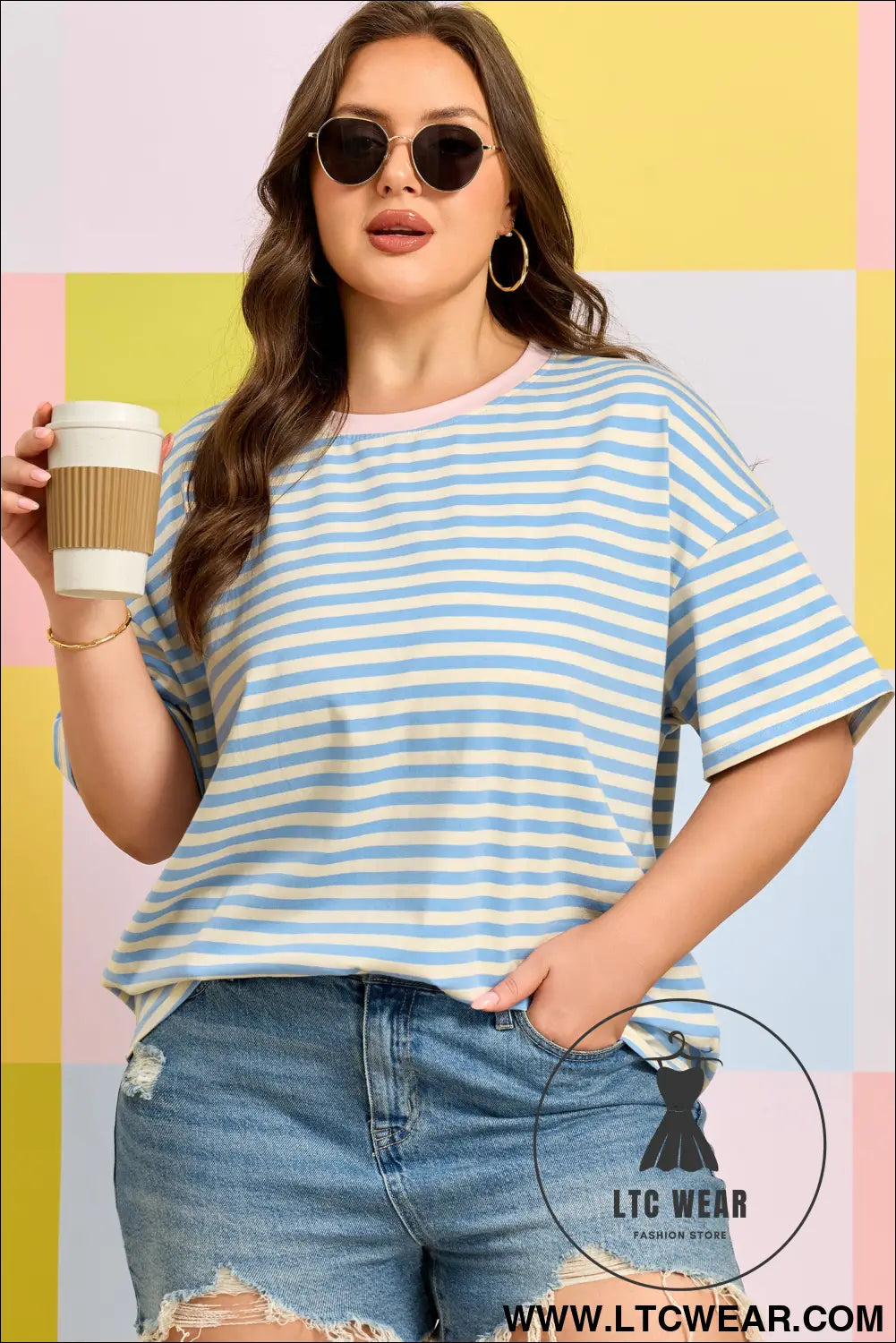 Sky Blue Stripe Plus Size Drop Shoulder Contrast Trim Round Neck Tee - L.T.C Wear Online Fashion Store