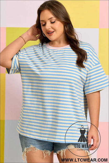 Sky Blue Stripe Plus Size Drop Shoulder Contrast Trim Round Neck Tee - L.T.C Wear Online Fashion Store