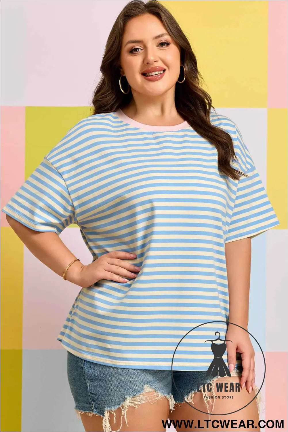Sky Blue Stripe Plus Size Drop Shoulder Contrast Trim Round Neck Tee