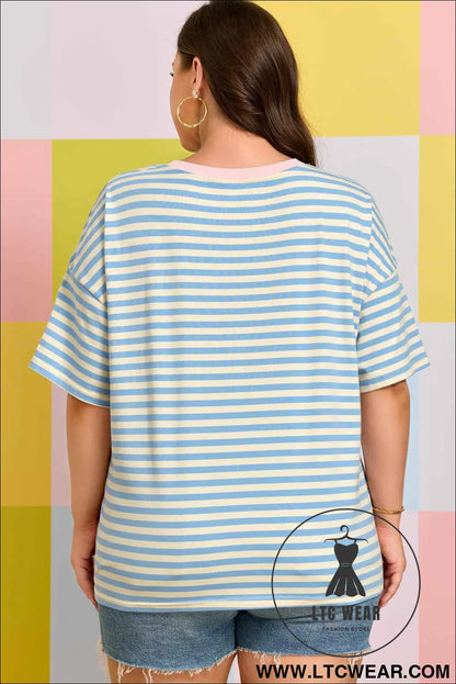 Sky Blue Stripe Plus Size Drop Shoulder Contrast Trim Round Neck Tee