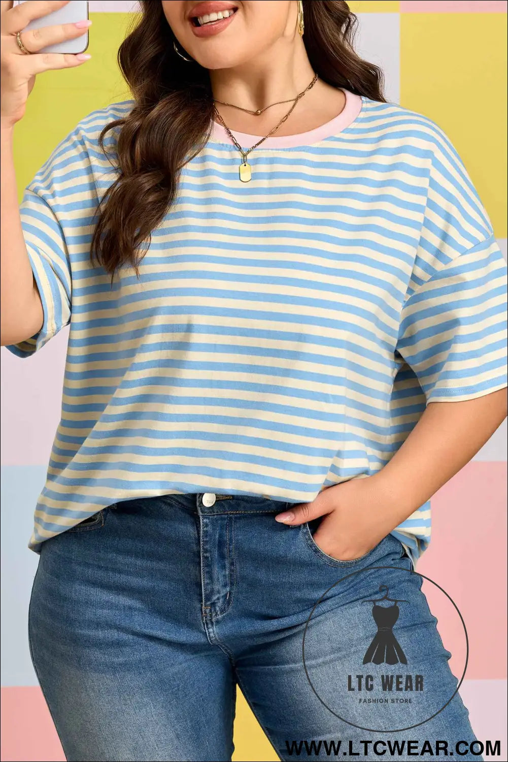 Sky Blue Stripe Plus Size Drop Shoulder Contrast Trim Round Neck Tee
