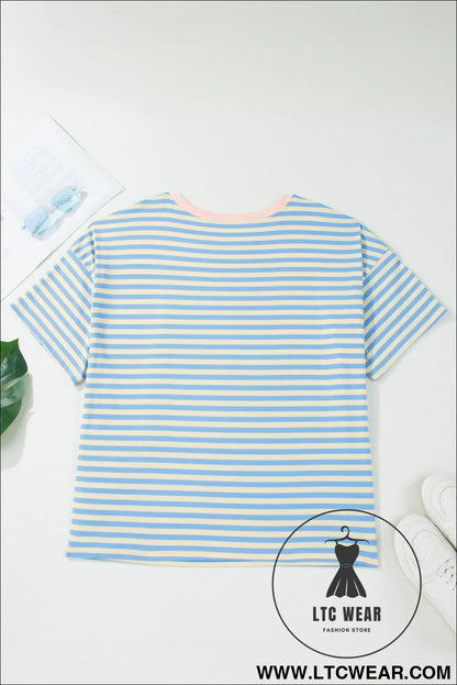 Sky Blue Stripe Plus Size Drop Shoulder Contrast Trim Round Neck Tee - L.T.C Wear Online Fashion Store