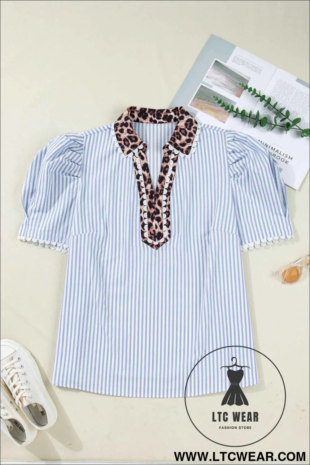 Sky Blue Stripe Plus Size Leopard Patchwork Collar Short Bubble Sleeve Blouse