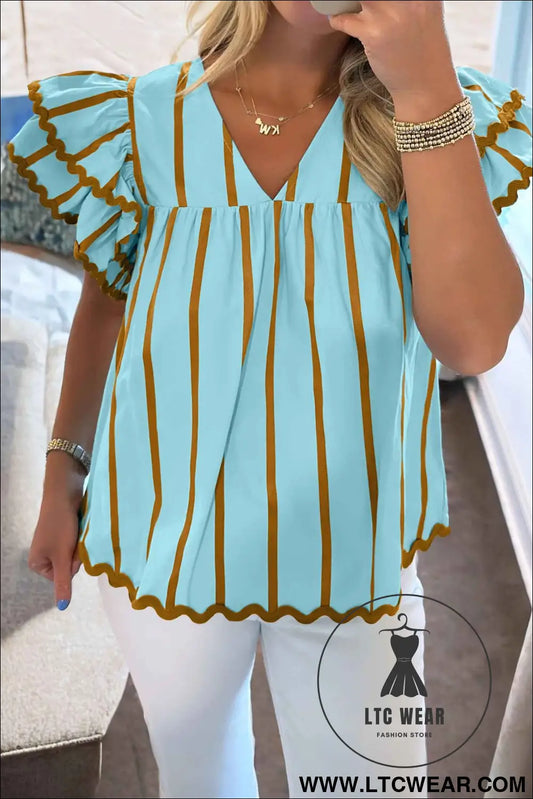 Sky Blue Stripe Ricrac Trim Double Ruffled Short Sleeve V Neck Blouse