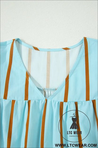 Sky Blue Stripe Ricrac Trim Double Ruffled Short Sleeve V Neck Blouse - L.T.C Wear Online Fashion Store