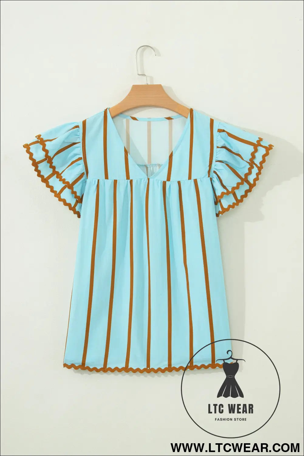 Sky Blue Stripe Ricrac Trim Double Ruffled Short Sleeve V Neck Blouse - L.T.C Wear Online Fashion Store