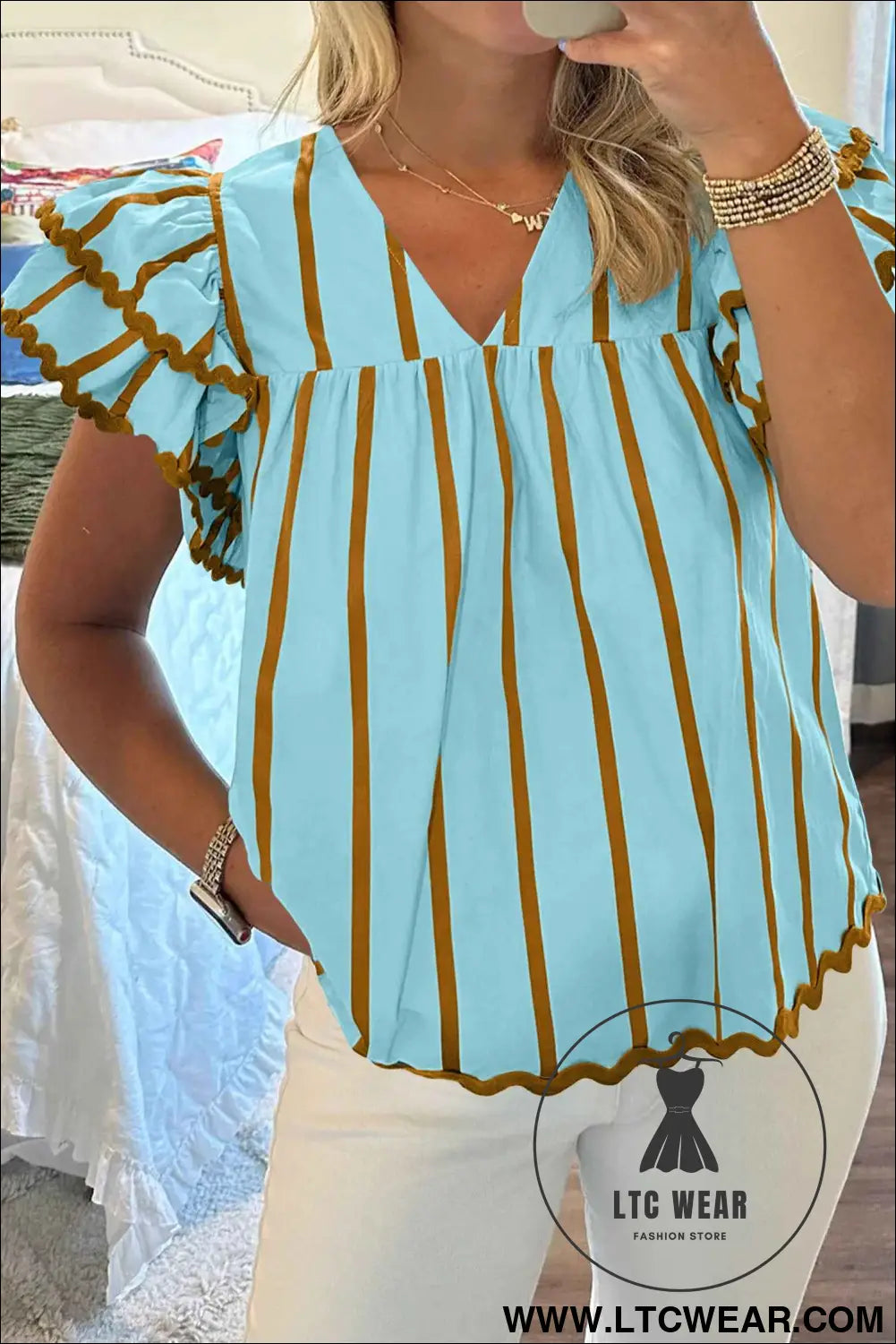 Sky Blue Stripe Ricrac Trim Double Ruffled Short Sleeve V Neck Blouse