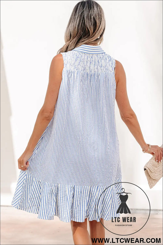 Sky Blue Stripe Shirt Collar Shirred Detail Ruffle Hem Sleeveless Dress
