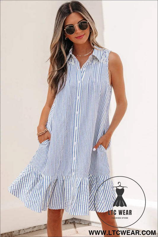 Sky Blue Stripe Shirt Collar Shirred Detail Ruffle Hem Sleeveless Dress