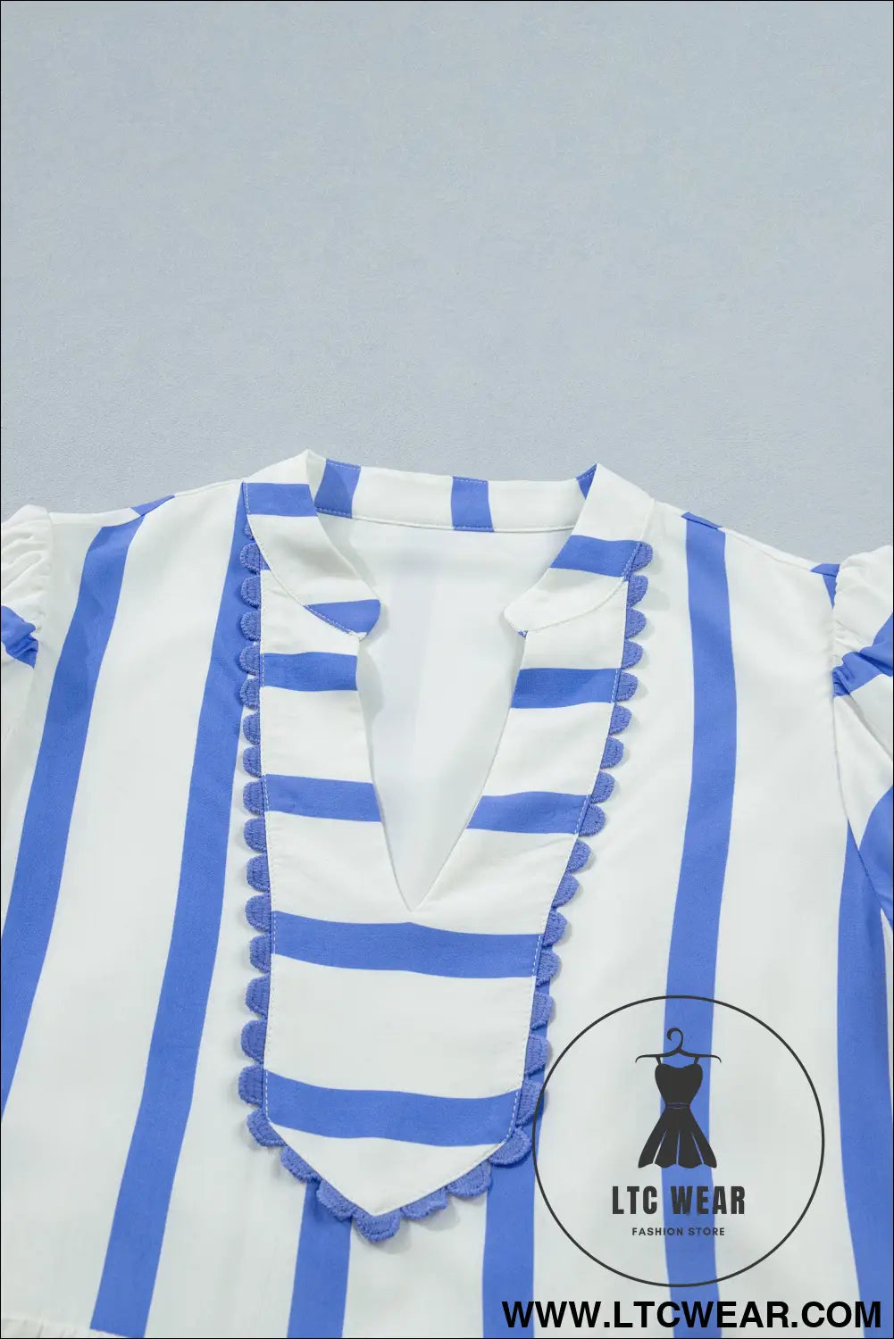 Sky blue stripe split v neck puff sleeve summer blouse - blouses & shirts