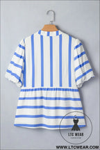 Sky blue stripe split v neck puff sleeve summer blouse - blouses & shirts