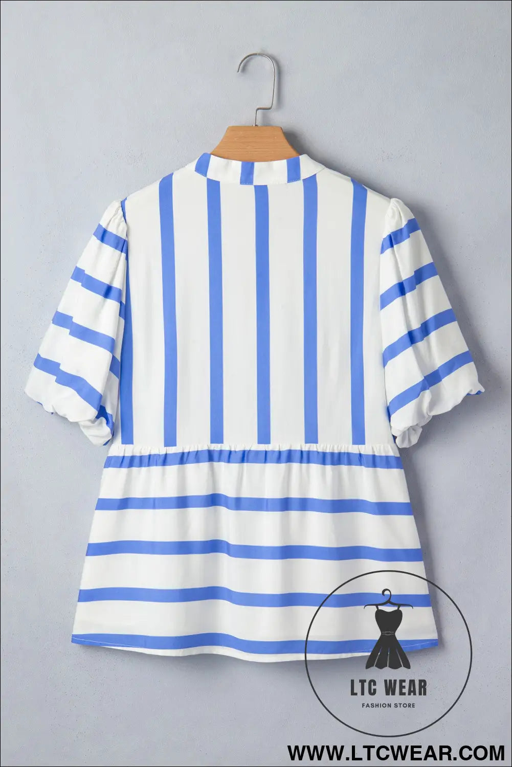 Sky blue stripe split v neck puff sleeve summer blouse - blouses & shirts