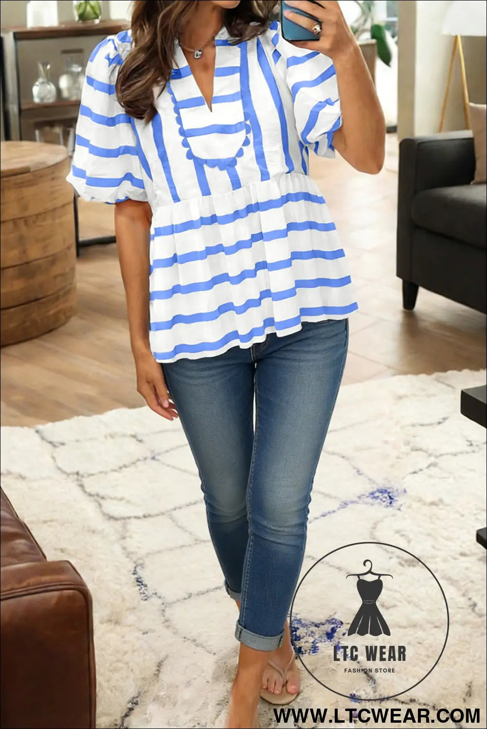Sky blue stripe split v neck puff sleeve summer blouse - blouses & shirts
