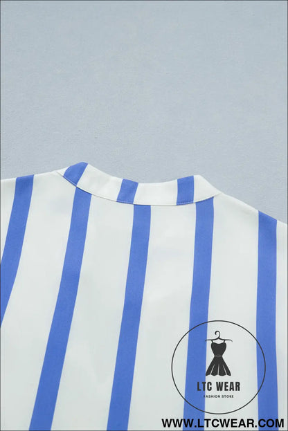 Sky blue stripe split v neck puff sleeve summer blouse - blouses & shirts